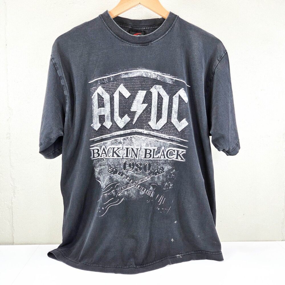 AC/DC Back in Black 1980 Faded Black Graphic Band T Shirt Sz XL